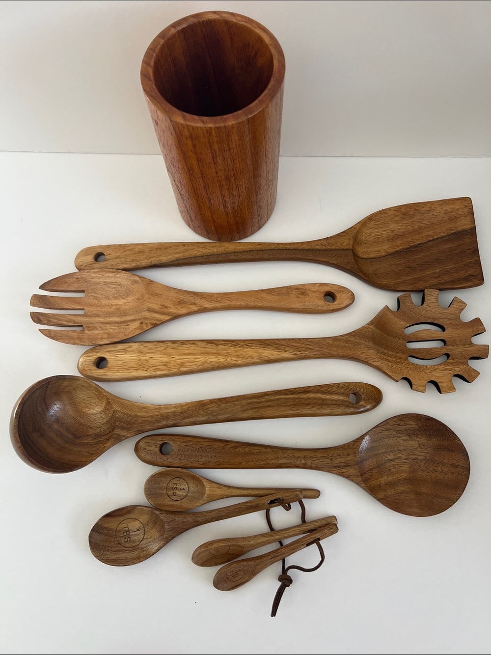 Natural Acacia Wood Kitchen Utensil Set with Holder - Brown